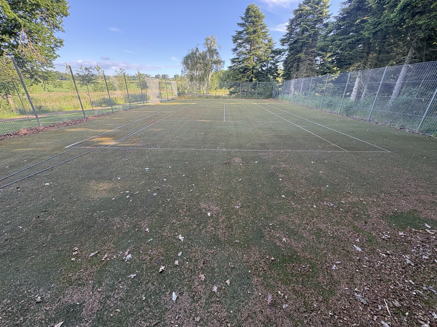 Tennis court before cleaning — brown and covered in moss